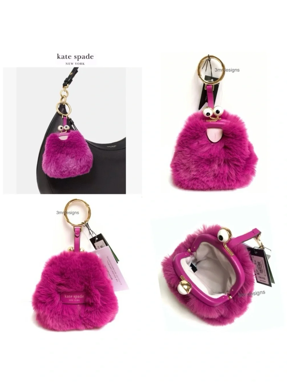 NWT Kate Spade ♠️MONSTERS FIZZY Soft Faux Fur & Leather Trim Coin Purse/ Keychai